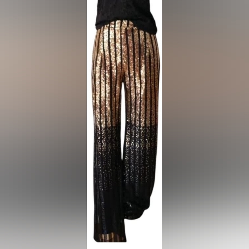 Fashion Nova Gold & Black Sequin Pants | Size 4 - Picture 2 of 8